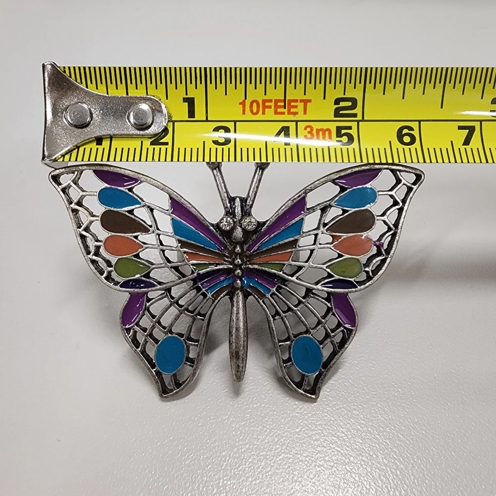 Art Nouveau Style Multi-Color Enamel & Silver Tone Filigree Butterfly Statement